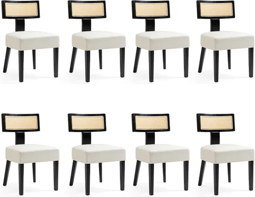 Miniatura 18 de Juego de 4 sillas de comedor, sillas de cocina de tela tapizada en madera, silla acolchada de lino sin brazos con respaldo curvo acentuado
