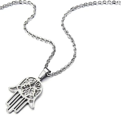 Miniatura 3 de COOLSTEELANDBEYOND Hamsa - Collar colgante de mano de Fátima de acero inoxidable con cadena de 20 pulgadas