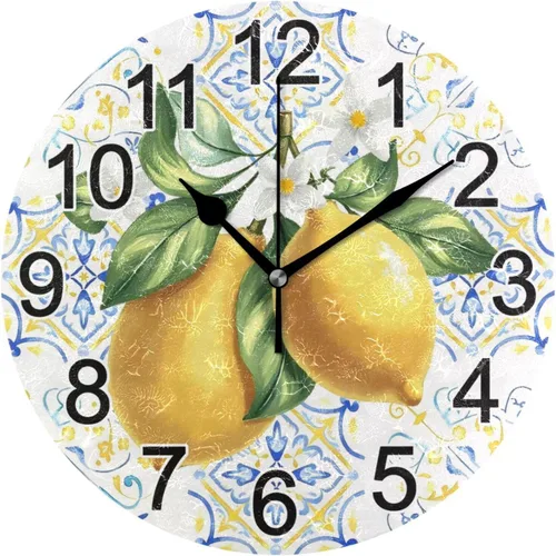 Reloj de pared con azulejos de limones mediterráneos, sin tictac, silencioso, reloj de cocina grande, funciona con pilas, 10 pulgadas para