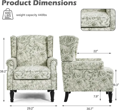 Miniatura 2 de Silla de Acento de Respaldo Alto, Sillón Tapizado en Tela para Sala de Estar, Sillón Wingback con Estampado Floral con Patas de Madera Maciza, Sofá