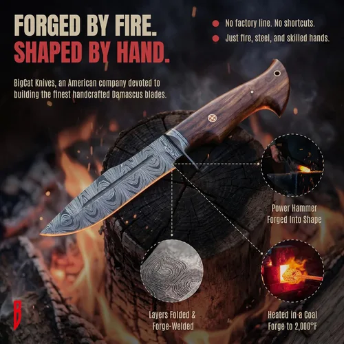 Miniatura 8 de BIGCAT ROAR Beast Hunter - Cuchillo de caza de hoja fija de acero de Damasco hecho a mano de 10" - Mango de madera de nogal y funda de cuero