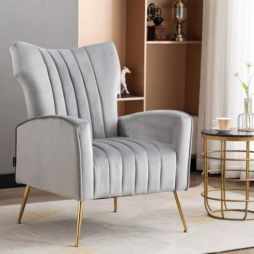 Miniatura 11 de Silla decorativa curvada copetuda con patas de metal doradas de terciopelo tapizado con brazo tapizado para club, ocio, silla moderna para sala