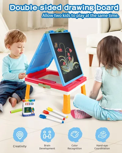 Miniatura 7 de Elovien Caballete para niños, caballete de arte de doble cara 4 en 1 con pizarra y pizarra blanca magnética, caballete de mesa plegable para niños