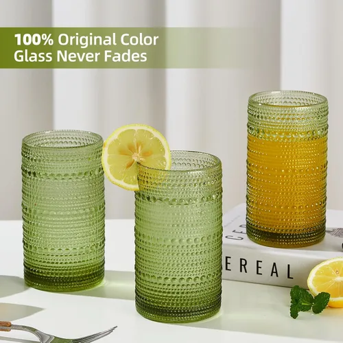 Miniatura 3 de Juego de 12 vasos para beber Hobnail de 16 onzas, vasos verdes en relieve vintage de gran capacidad, vasos altos para agua, cóctel, cerveza, whisky
