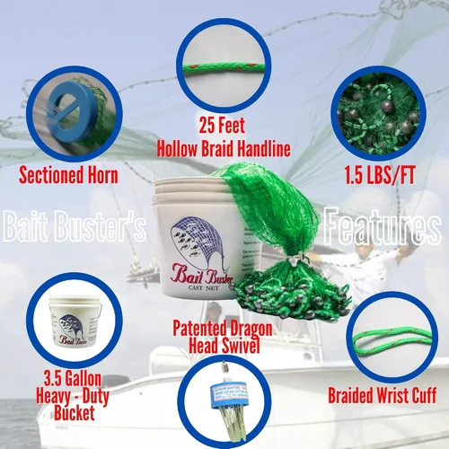 Miniatura 3 de Minnow Cast Net 1/4" Sq. malla verde (10 pies)