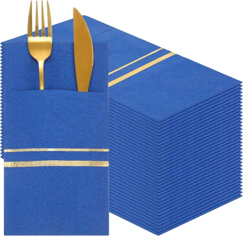 Roshtia Paquete de 100 Servilletas de Cena Desechables con Sensación de Lino, Borde Dorado, Predobladas, con Bolsillo para Cubiertos Incorporado
