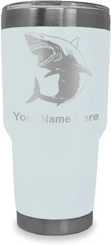 Miniatura 8 de LaserGram Vaso aislado al vacío de 20 onzas, gran tiburón blanco, grabado personalizado incluido (negro)