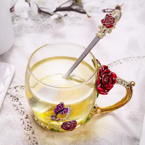 Miniatura 6 de Taza de té de flor, taza de té, taza de café de vidrio Rojo (Red Short)