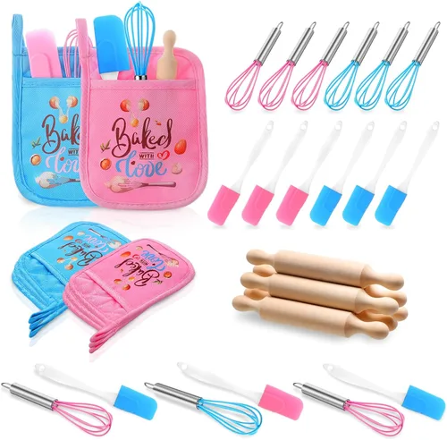 RoundFunny 24 piezas de mini suministros para hornear para niños con utensilios de cocina, soportes para ollas, espátula, rodillo, batidor para