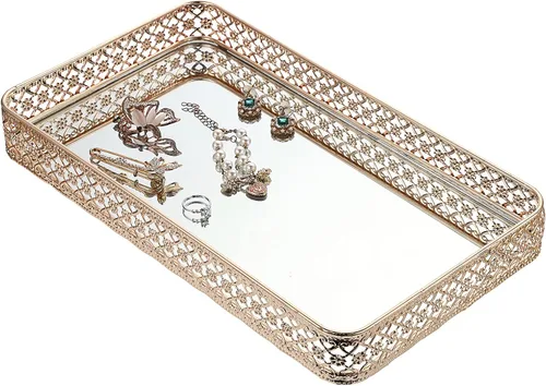 Miniatura 8 de ELLDOO Bandeja Dorada para Perfumes y Maquillaje - Almacenamiento de Joyas con Tallado Hueco, Organizador de Baratijas de Cristal y Metal para Dorado