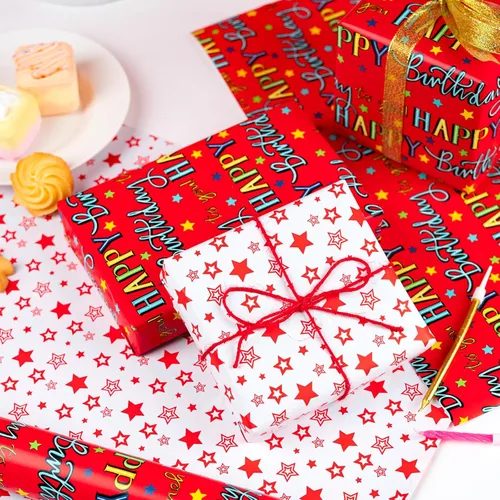 Miniatura 5 de WRAPAHOLIC - Papel de regalo reversible para cumpleaños - Mini rollo - 17 pulgadas X 33 pies - Diseño de letras "Feliz cumpleaños a ti" en rojo