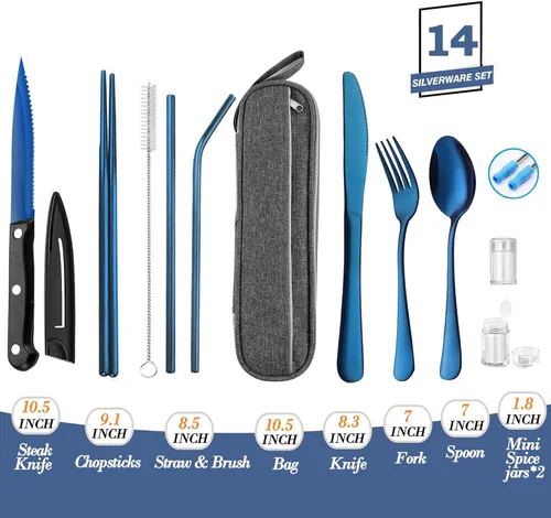 Miniatura 2 de Utensilios de viaje reutilizables portátiles con estuche, juego de cubiertos de camping, palillos y pajita, cubiertos con estuche, parte superior
