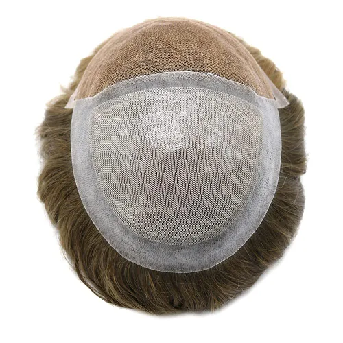Miniatura 2 de Nudos blanqueados frontales de encaje para hombre, tupé de dos bases en una mitad, piezas de cabello de encaje mono para hombres, unidad de 20 #+7