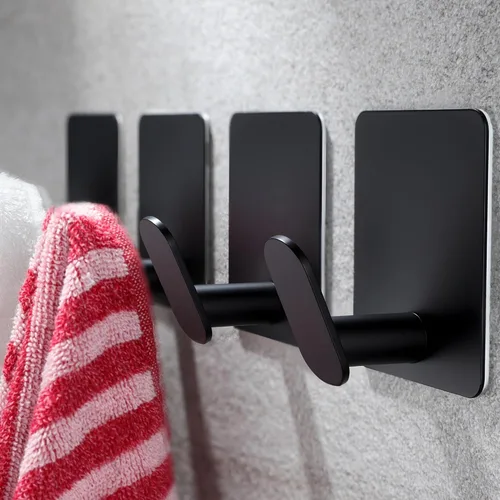 YIGII Ganchos Adhesivos, Paquete de 4 Ganchos Negros para Toallas para Baño y Cocina, Gancho de Pared de Acero Inoxidable Impermeable para Colgar