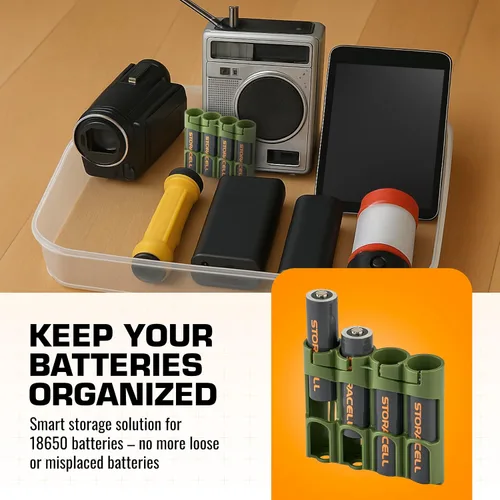 Miniatura 4 de Storacell Slimline 18650-4 verde militar, organizador de almacenamiento de batería y dispensador, capacidad para 4 baterías 18650 (no incluidas)