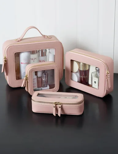 Miniatura 8 de Bolsa de maquillaje transparente Popvibe, estuche de cosméticos de viaje con cremallera, bolsa de aseo transparente con cremallera, organizador Malva