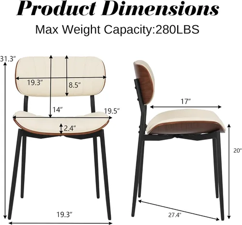 Miniatura 2 de HENGJIANYI Bentwood - Juego de 2 sillas de comedor modernas de piel sintética con patas de metal, sillas de cocina tapizadas de mediados de siglo