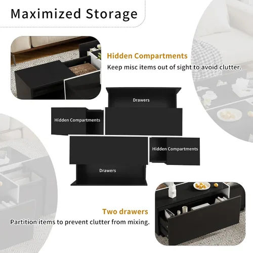 Miniatura 5 de Merax Mesa auxiliar, mesa auxiliar extensible con 2 espacios de almacenamiento ocultos y 2 cajones, mesa central multifuncional con acabado