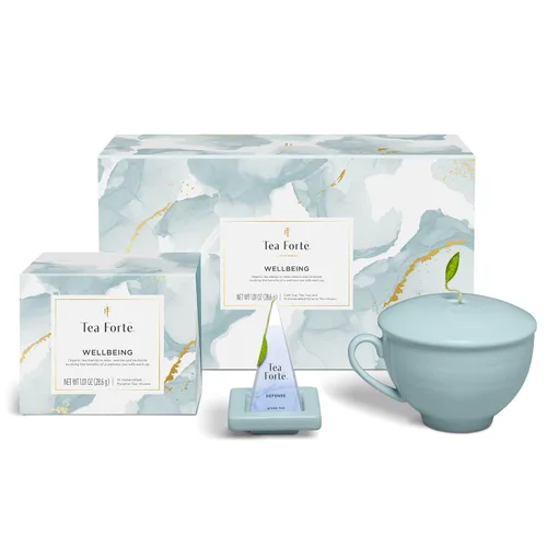 Juego de regalo de té de 3 piezas de Tea Forte Wellbeing; incluye taza de té con tapa en color azul claro, bandeja de té y 10 bolsas de infusor de