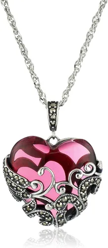 Tienda Collection Marcasite and Colored Glass Heart Pendant Necklace with Chain in Oxidized Sterling Silver