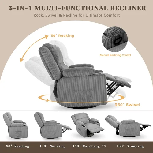 Miniatura 5 de Silla reclinable giratoria de 360 grados con calor y masaje, planeador reclinable manual de pana suave con puerto USB, 2 portavasos y 4 bolsillos