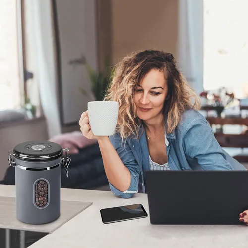 Miniatura 7 de Recipiente de café hermético de 60.9 fl oz con rastreador de fecha y ventana transparente, recipiente de café de 22.8 onzas líquidas con cuchara