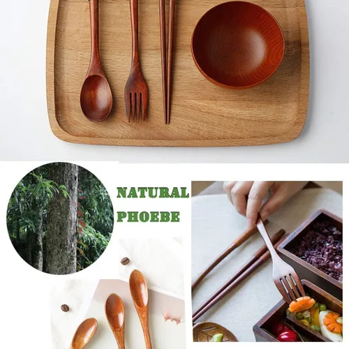 Miniatura 4 de Utensilios de madera reutilizables para comer, 8 piezas de cucharas de madera de viaje, tenedores, palillos, juego de cubiertos con estuche