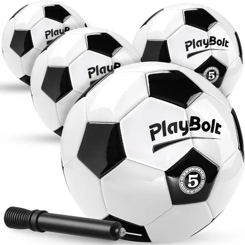 PlayBolt Soccer Ball Size 5 with Pump - Black & White Training Practice & Match Ball for Kids, Youth and Adults (Pack of 1 or 4)