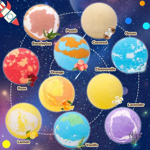 Miniatura 7 de Paquete de 10 bombas de baño de galaxia para niños con juguetes sorpresa en el interior, bombas de baño de burbujas orgánicas con piedras preciosas