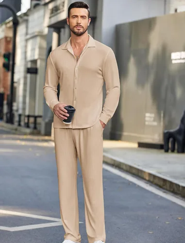 Miniatura 3 de COOFANDY Conjunto de 2 piezas para hombre, de manga larga, casual, con botones, camisa y pantalones, Camello