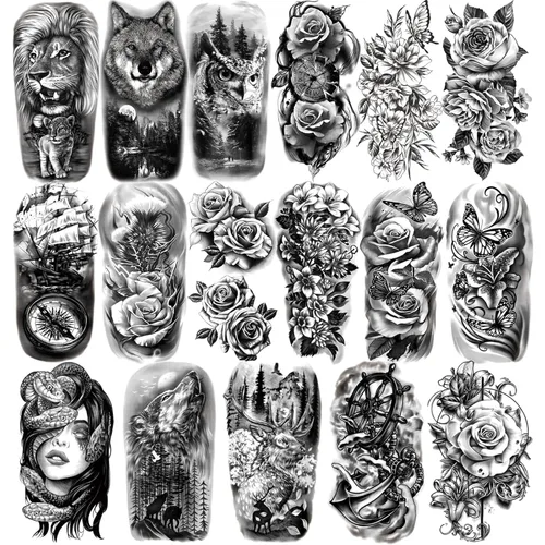 Miniatura 11 de Yazhiji 56 hojas de tatuajes temporales, 11 hojas de tatuajes de medio brazo para hombres o mujeres con 45 hojas de tatuajes falsos diminutos