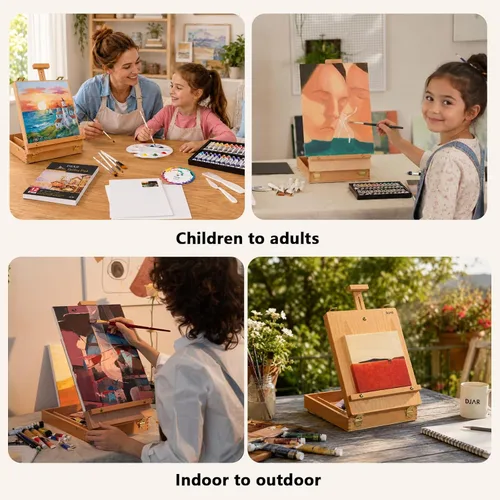 Miniatura 7 de DJAR Caballete de Mesa para Pintura, Caja de Bocetos de Madera de Haya Sólida Ajustable Caballete de Arte de Escritorio, Caja de Almacenamiento