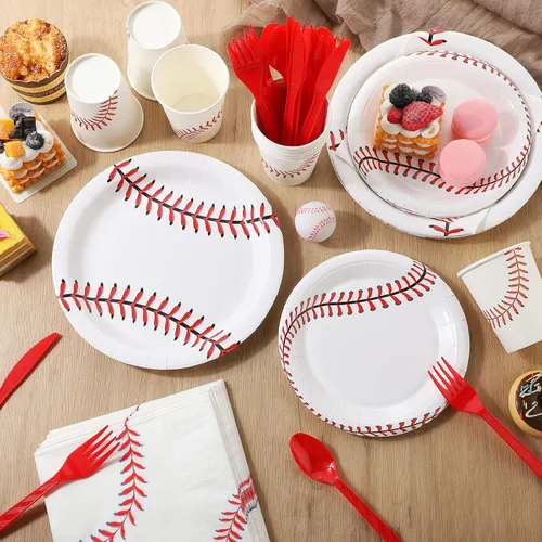 Miniatura 3 de Domensi 420 platos de papel y servilletas para fiesta de béisbol, vasos de papel, cuchillos de plástico, tenedores, cucharas, juego de vajilla