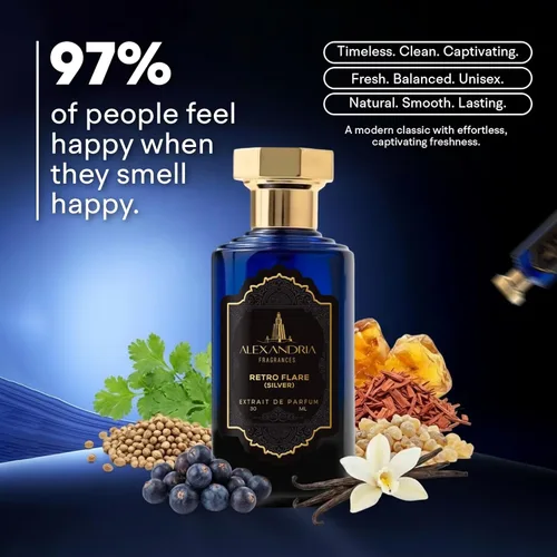 Miniatura 2 de Alexandria Fragrances Perfume Retro Flare (plata) - Eau de Parfum Premium con notas de cilantro y almizcle - Fragancia de lujo con bayas de enebro