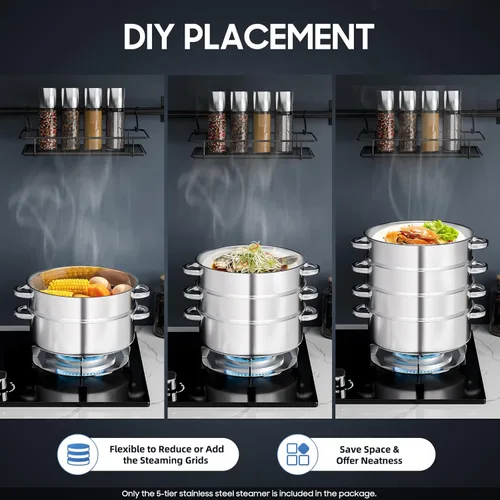 Miniatura 5 de Olla de vapor de acero inoxidable de 5 niveles para cocinar, olla de vapor multiusos de acero inoxidable de 11 pulgadas con asa y tapa, cesta
