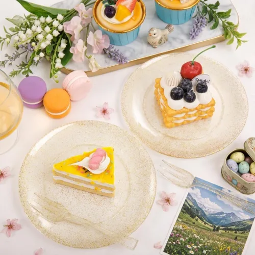 Miniatura 3 de Festiva 200 platos de postre dorados con purpurina de 6.3 pulgadas con tenedores de 5 pulgadas, platos pequeños de plástico para postre, pasteles