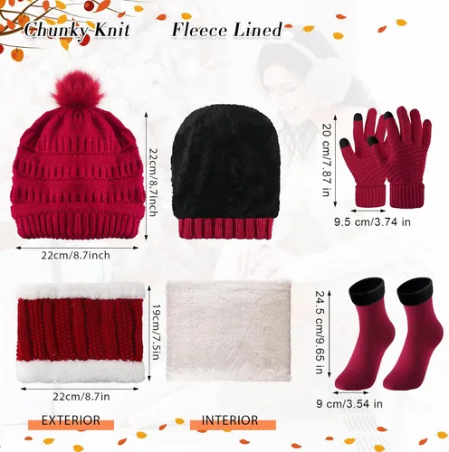 Miniatura 2 de 4 Conjuntos de invierno para mujer, cálido, gorro, bufanda, gorro, gorro, calavera, pantalla táctil, guantes de punto, cable