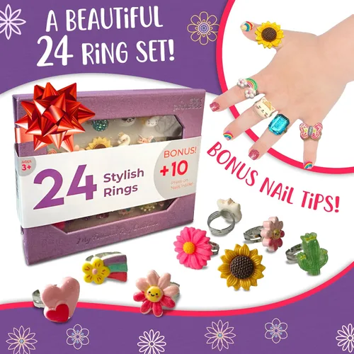 Miniatura 2 de Anillos de joyería para niños, 24 anillos ajustables de simulación, joyería de juego en caja de regalo morada, único, gran regalo de cumpleaños