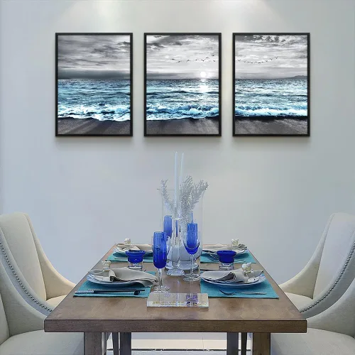 Miniatura 4 de Arte en lienzo enmarcado en negro para decoración de sala de estar y dormitorio - Pintura de pared de playa en blanco y negro - Imágenes de olas