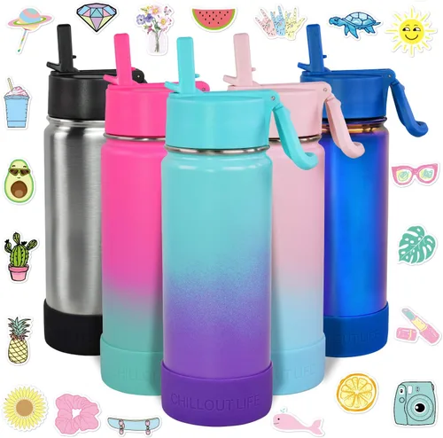 Miniatura 16 de CHILLOUT LIFE - Botella de agua aislada de 17 onzas con tapa con pajilla para niños, a prueba de fugas y bonitas calcomanías impermeables, termo