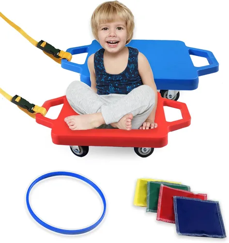 2 tablas de patín de plástico con asas para niños sentados y entrenamiento deportivo, con 1 anillo, 2 cuerdas y 4 pufs, juego de interior y exterior