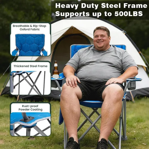 Miniatura 4 de SUNNYFEEL Silla de Camping Plegable de Gran Tamaño 500 LBS Resistente, Sillas de Jardín con Azul Portátil Plegable con Reposabrazos, Portavasos