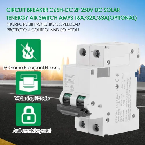 Miniatura 3 de Disyuntor miniatura de CC de bajo voltaje 2P 250V para sistema fotovoltaico, sistema de rejilla, montaje en carril DIN, disyuntor de circuito de CC