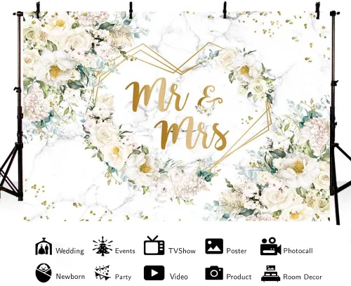 Miniatura 4 de AIBIIN Telón de fondo de 7x5 pies Mr y Mrs con flores blancas y puntos dorados de glitter para despedida de soltera, fondo para fotografía con Blanco