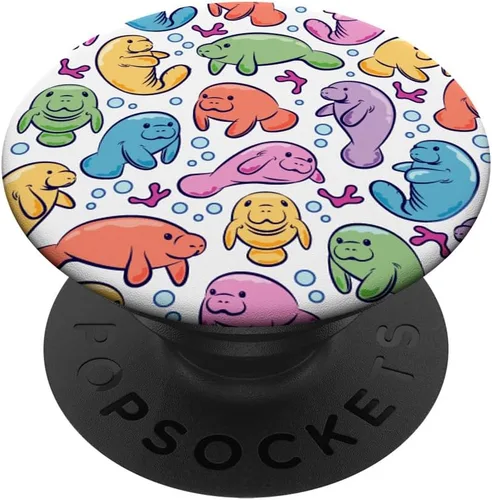 Bonito patrón de manatí regalo para un amante de los manatíes mamíferos PopSockets agarre y soporte para teléfonos y tabletas, Negro