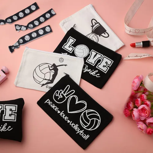Miniatura 7 de Sotiff 24 bolsas de cosméticos de voleibol y coleteros deportivos para el cabello, regalos de equipo deportivo, bolsas de maquillaje de lona, ligas