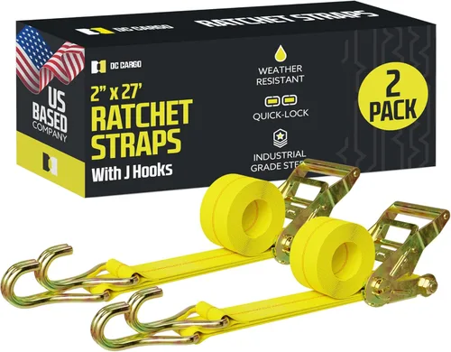DC - Correas de trinquete de amarre de carga con ganchos en J, (paquete de 2) correas de trinquete resistentes de 2 pulgadas x 27 pies, extremos de