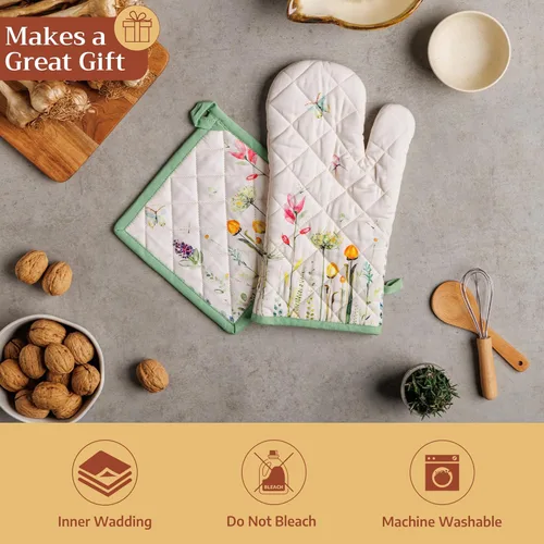Miniatura 5 de Maison d' Hermine - Juego de guantes de horno de 7.5 x 13 pulgadas y agarradera de 8" x 8", 100 % algodón, resistente al calor, chef, cocinar, 03