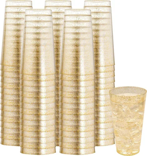 Miniatura 20 de I00000 Paquete de 100 unidades de vasos de plástico dorado de 12 onzas, vasos desechables con borde dorado, vasos de vino desechables y copas