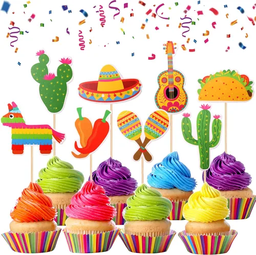 32 piezas de decoración para cupcakes de fiesta mexicana montados con cactus, burro, maraca, sombrero, guitarra, magdalenas, temática de fiesta